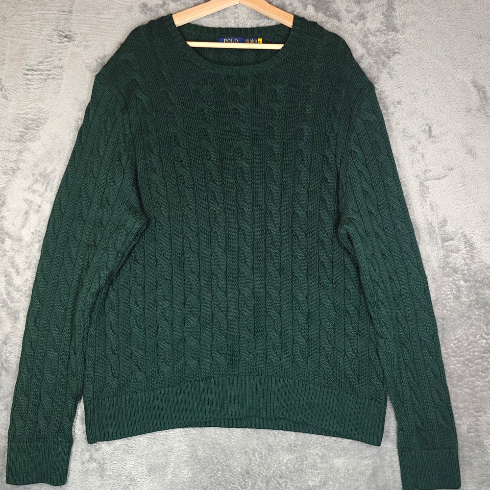 Polo Ralph Lauren Sweater Mens XXL Green Cable Knit Cotton Crew Neck Long Sleeve